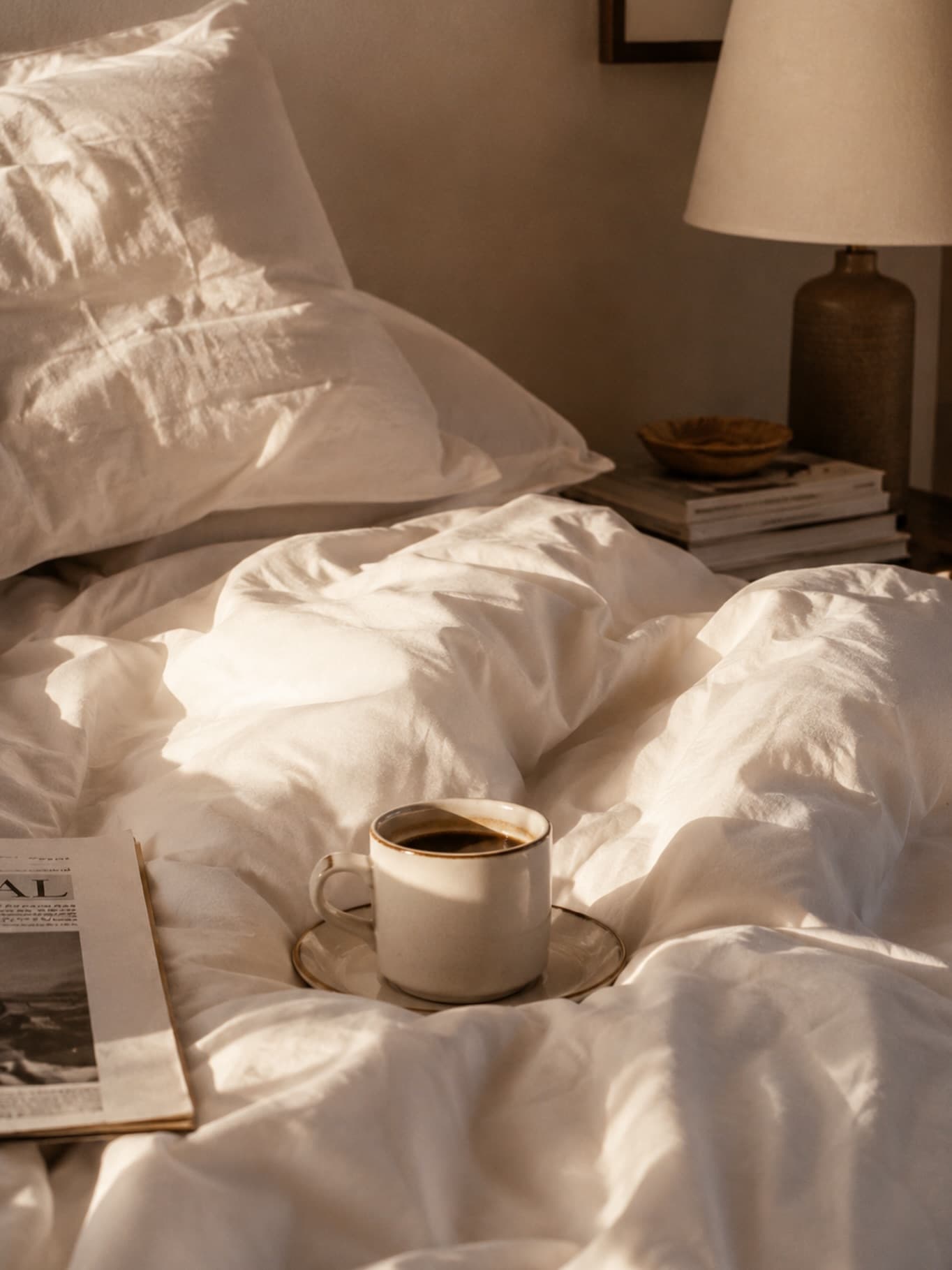 Soft white bed linens lit by warm morning sun, with a cup of coffee